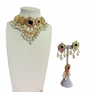 Multicolor Kundan-Style Gold Necklace with Pearl Drops - Women Jewelry